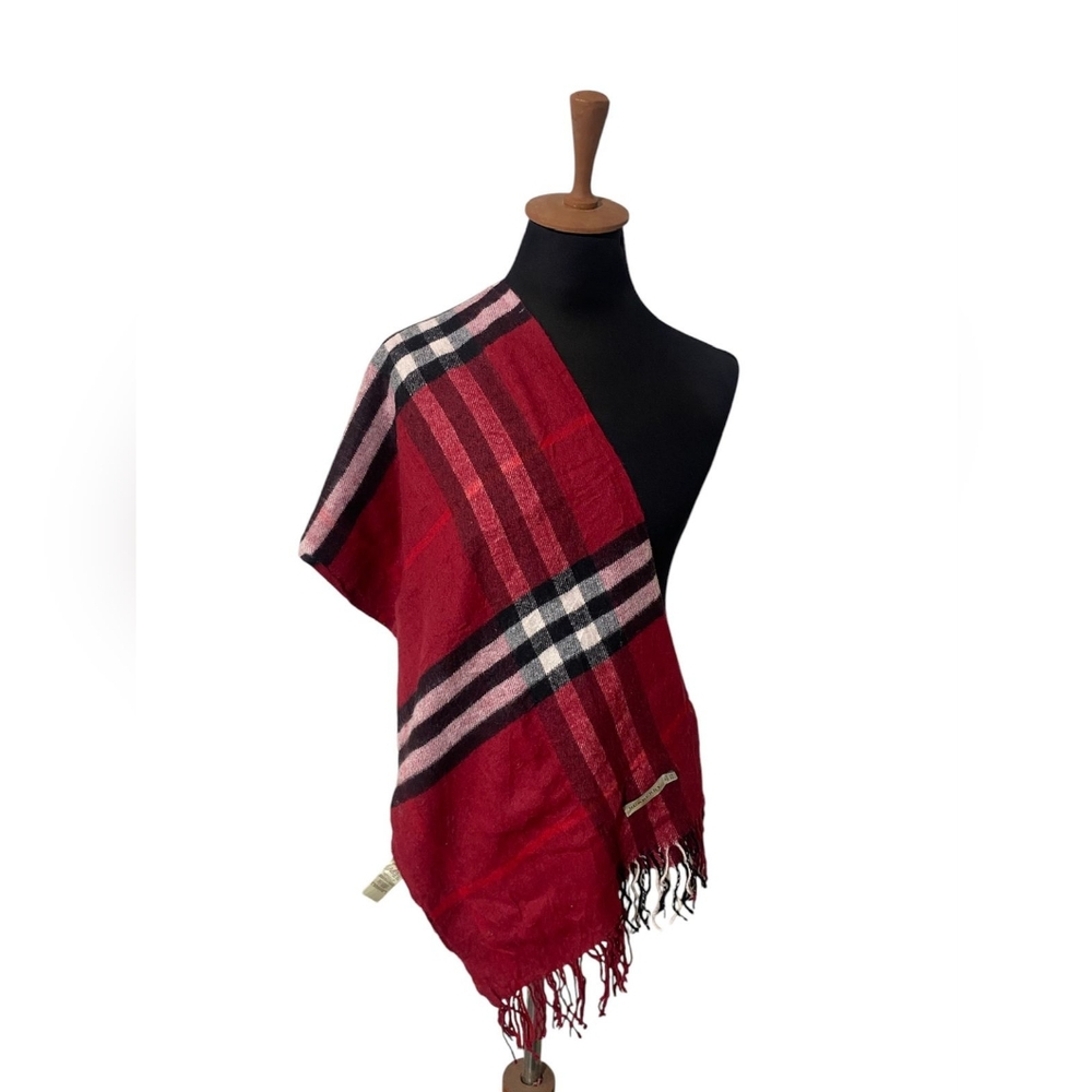 100% Authentic BURBERRY Cashmere Giant Check Fringe Scarf Multicolor Red